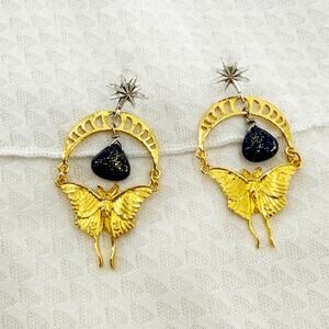 Luna Moth Earrings, Gold Moth Earrings, Stone Earrings, Moon Phase Earrings